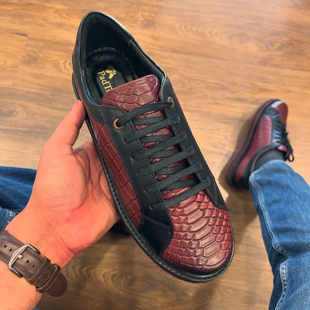 Luxury Croc-Embossed Leather Sneakers – Black & Burgundy