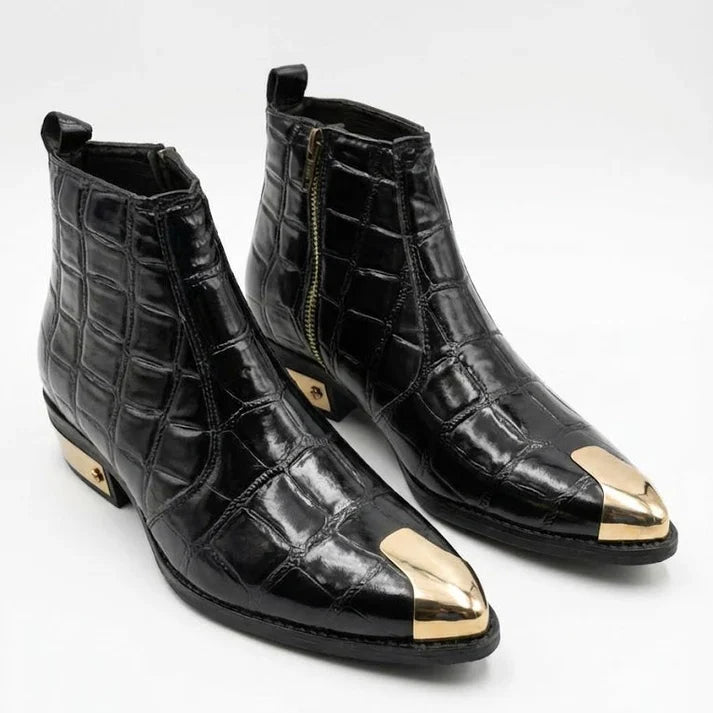 TEXTURE PATENT LEATHER GOLDEN TOE AND HEEL CHELSEA BOOTS