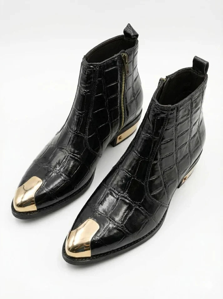 TEXTURE PATENT LEATHER GOLDEN TOE AND HEEL CHELSEA BOOTS