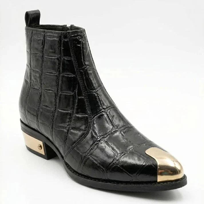 TEXTURE PATENT LEATHER GOLDEN TOE AND HEEL CHELSEA BOOTS